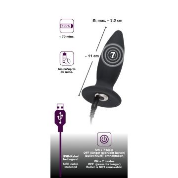 Oplaadbare Buttplug met Vlakke Basis S - Black Velvets