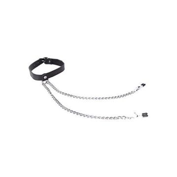 Halsband met Tepelklemmen Zwart - Kiotos Leather*