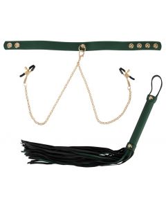 Luxe Set met Halsband Tepelklemmen en Flogger - Groen*