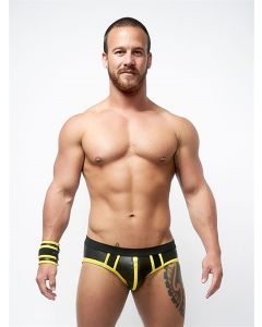 Mister B Neoprene Jock Slip Zwart Geel Voorkant